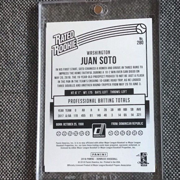 Juan Soto 2018 Panini Donruss Baseball #280 Juan Soto Rookie Card - Rated Rookie - Picture 2 of 2